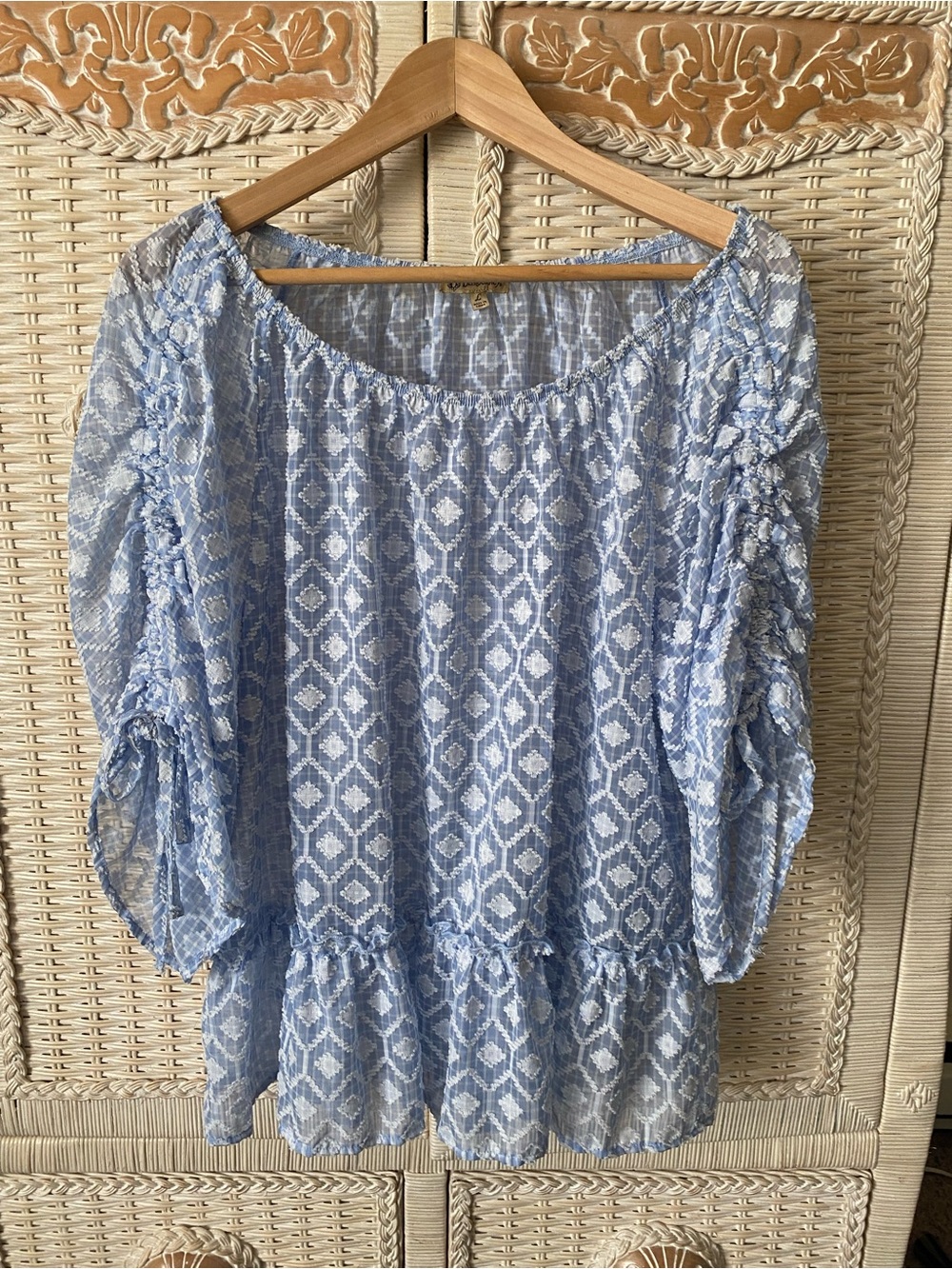 Democracy light Blue Printed Peasant Top size, large, like new